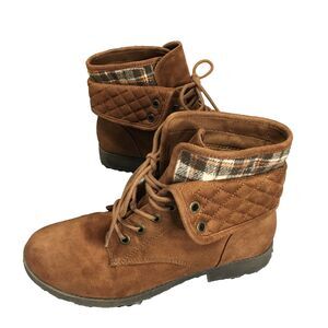 VTG Arizona Ankle Boots Women 10 M Brown Quilted Faux Suede Plaid Lined Y2K
